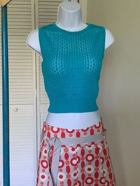 Crochet style cropped top, size 2, cotton blend, colour blue